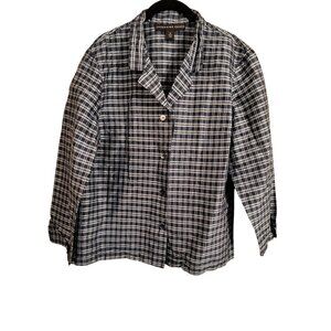 Josephine Chaus Womens Sz 12 Blue Gray Plaid 100% Silk Button-Up Shirt Jacket